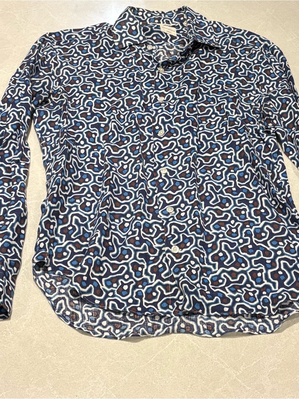 Culturata Slim Fit 100% Linen Shirt Made In Italy 15.75 M Blue Geometric